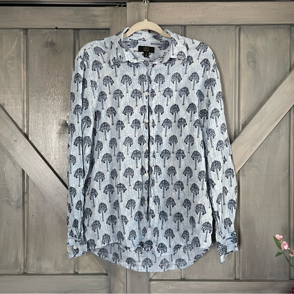 CLUB ROOM Regular-Fit Palm Tree-Print Linen Shirt Mens L Twinkle Blue Longsleeve